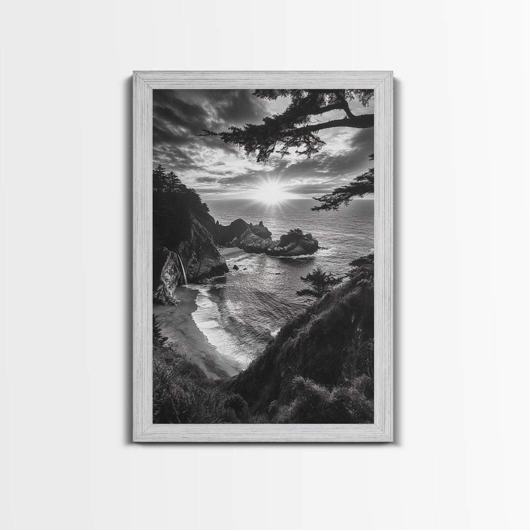 Cliffside Ocean View, Sunset Horizon, Trees Framing Sky, Canvas Print, Coastal Landscape Art, Cabin Living Room Decor, Moody Style