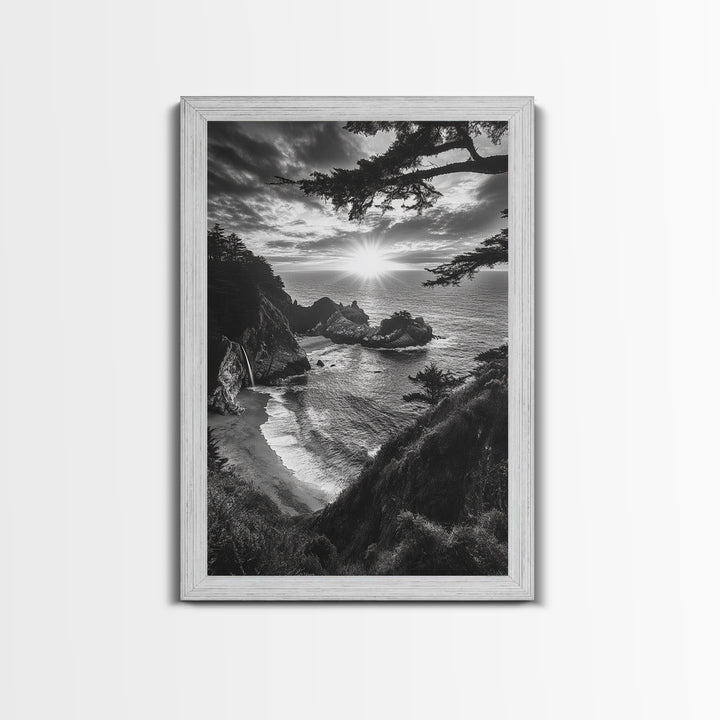 Cliffside Ocean View, Sunset Horizon, Trees Framing Sky, Canvas Print, Coastal Landscape Art, Cabin Living Room Decor, Moody Style
