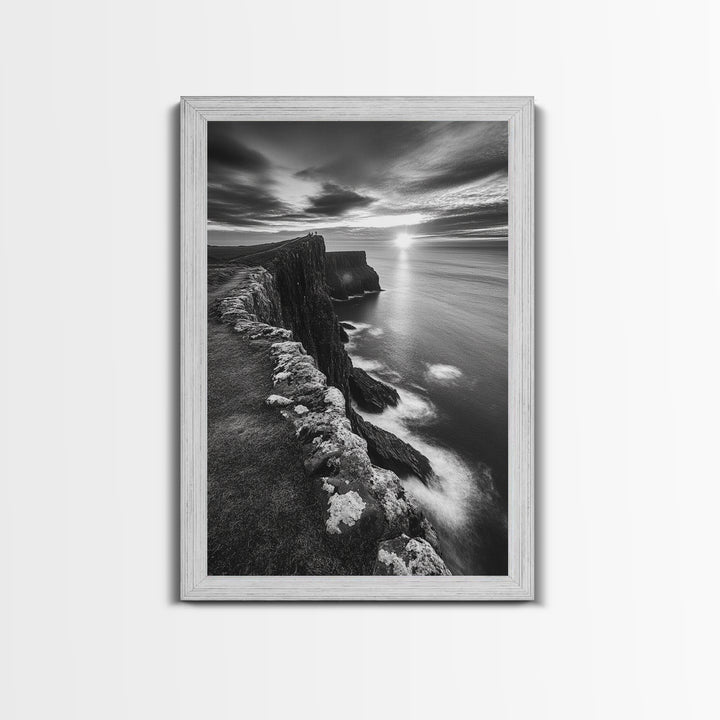 Rugged Sea Cliffs, Sunset Horizon, Serene Waters, Framed Canvas Print, Modern Nature Wall Art, Office Decor, Coastal Aesthetic