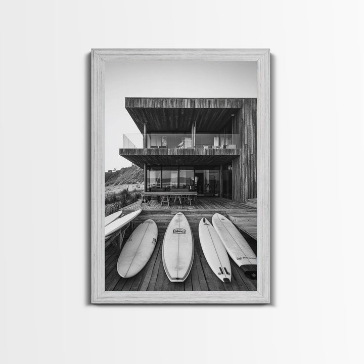 Surf Shack, Beach House, Modern Architecture, Coastal Lifestyle, Framed Canvas Print, Living Room Art, Nautical Wall Decor, Surf Wall Art