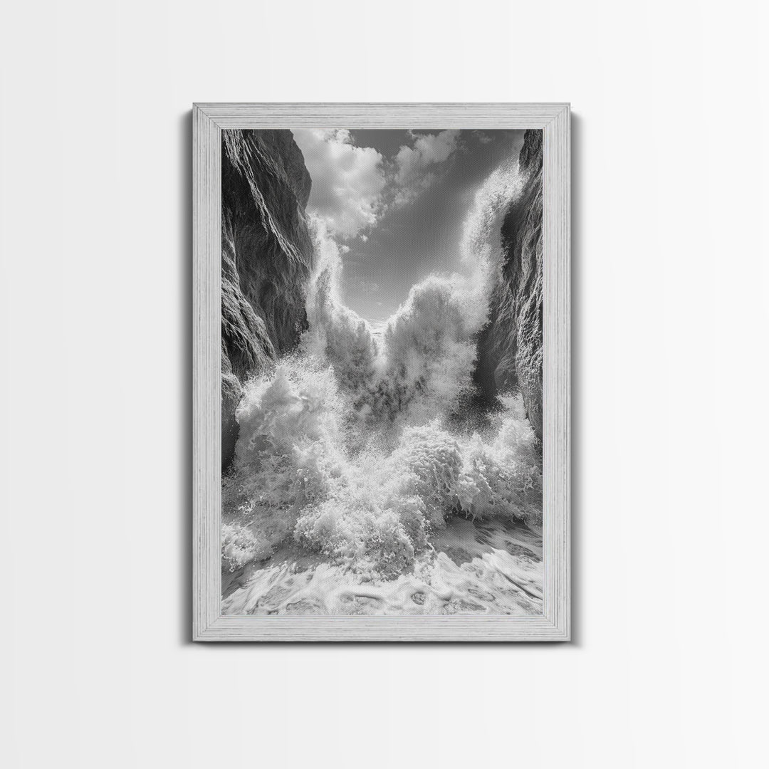 Ocean Splash, Cliff Waves, Nature Power, Dramatic Seascape, Framed Canvas Print, Living Room Statement, Black and White Wall Art