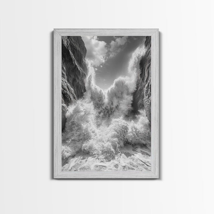 Ocean Splash, Cliff Waves, Nature Power, Dramatic Seascape, Framed Canvas Print, Living Room Statement, Black and White Wall Art
