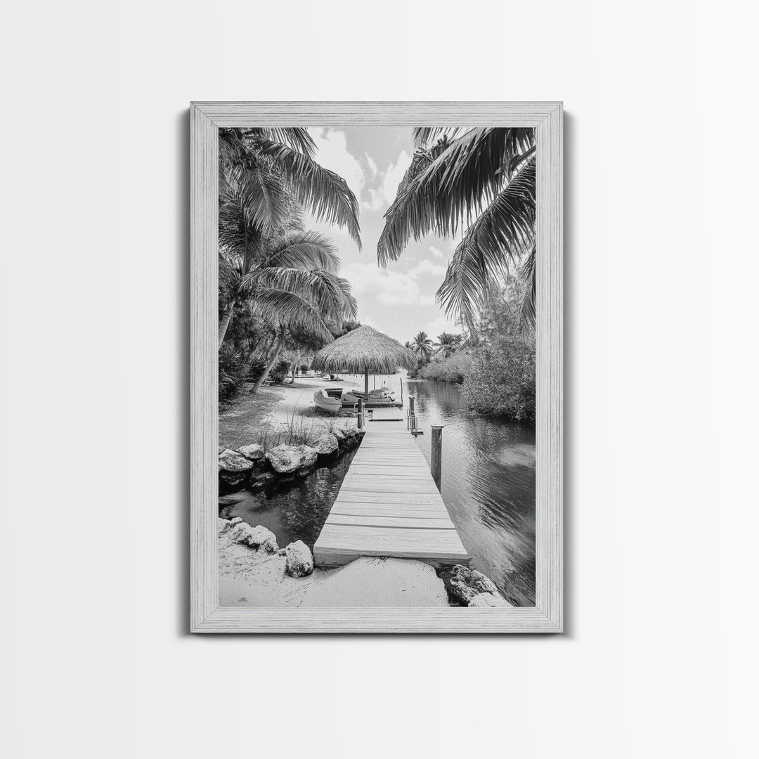 Tropical Dock, Island Escape, Palm Tree Beach, Secluded Lagoon, Canvas Print, Coastal Kitchen Art, Boho Tropical Wall Decor