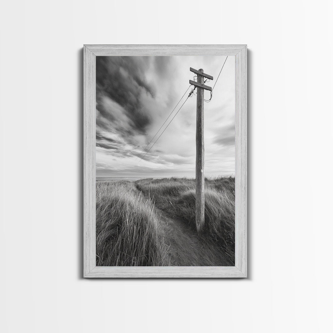 Coastal Path, Telephone Pole, Cloudy Sky, Minimal Nature Scene, Canvas Print, Entryway Wall Art, Rustic Landscape Photography Decor