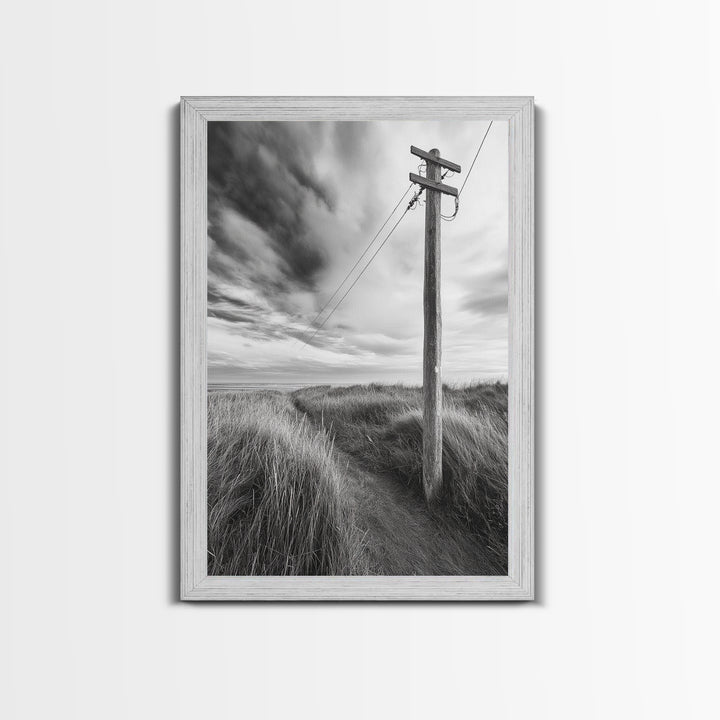 Coastal Path, Telephone Pole, Cloudy Sky, Minimal Nature Scene, Canvas Print, Entryway Wall Art, Rustic Landscape Photography Decor
