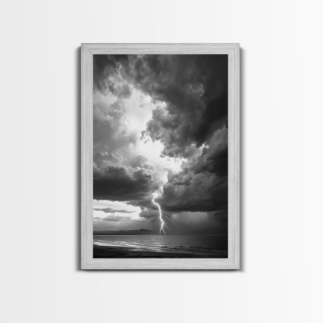 Lightning Strike Beach, Stormy Sky Photography, Dramatic Landscape, Office Wall Art, Nature Scene, Framed Canvas Print, Bold Wall Decor
