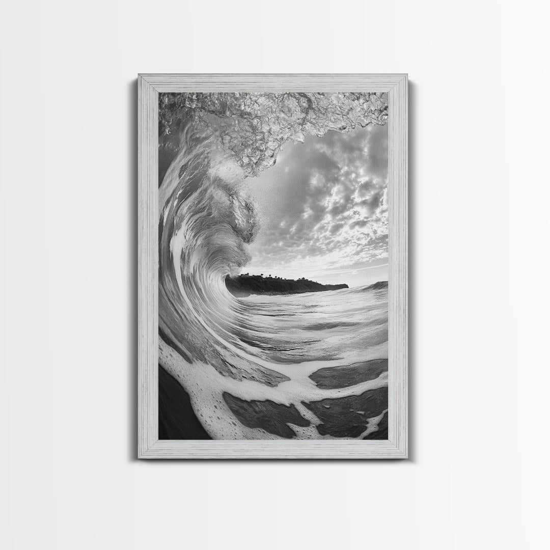 Ocean Wave Tunnel, Surfer's Eye View, Coastal Landscape, Bathroom Wall Art, Adventure Vibes, Framed Canvas Print, Black White Photography
