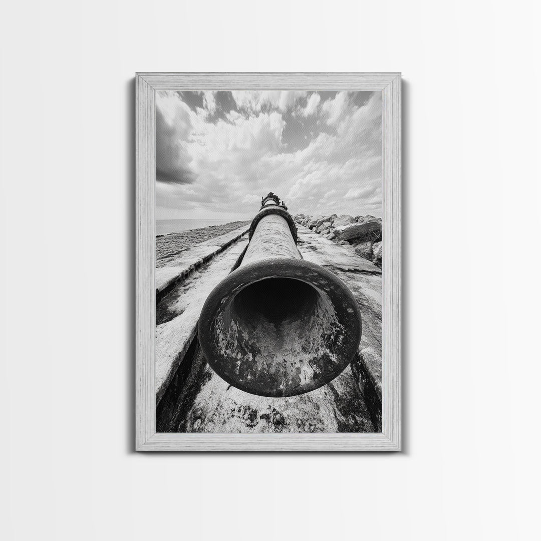Abandoned Pipe, Coastal Decay, Industrial Remains, Framed Canvas Print, Urban Exploration Art, Gritty Minimalist Decor