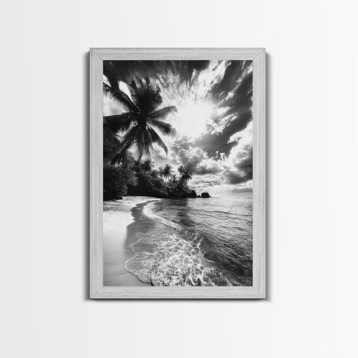 Tropical Sunset Beach, Palms and Waves, Cloudy Skies, Island Vibes, Framed Canvas Print, Coastal Wall Art, Beach House Decor