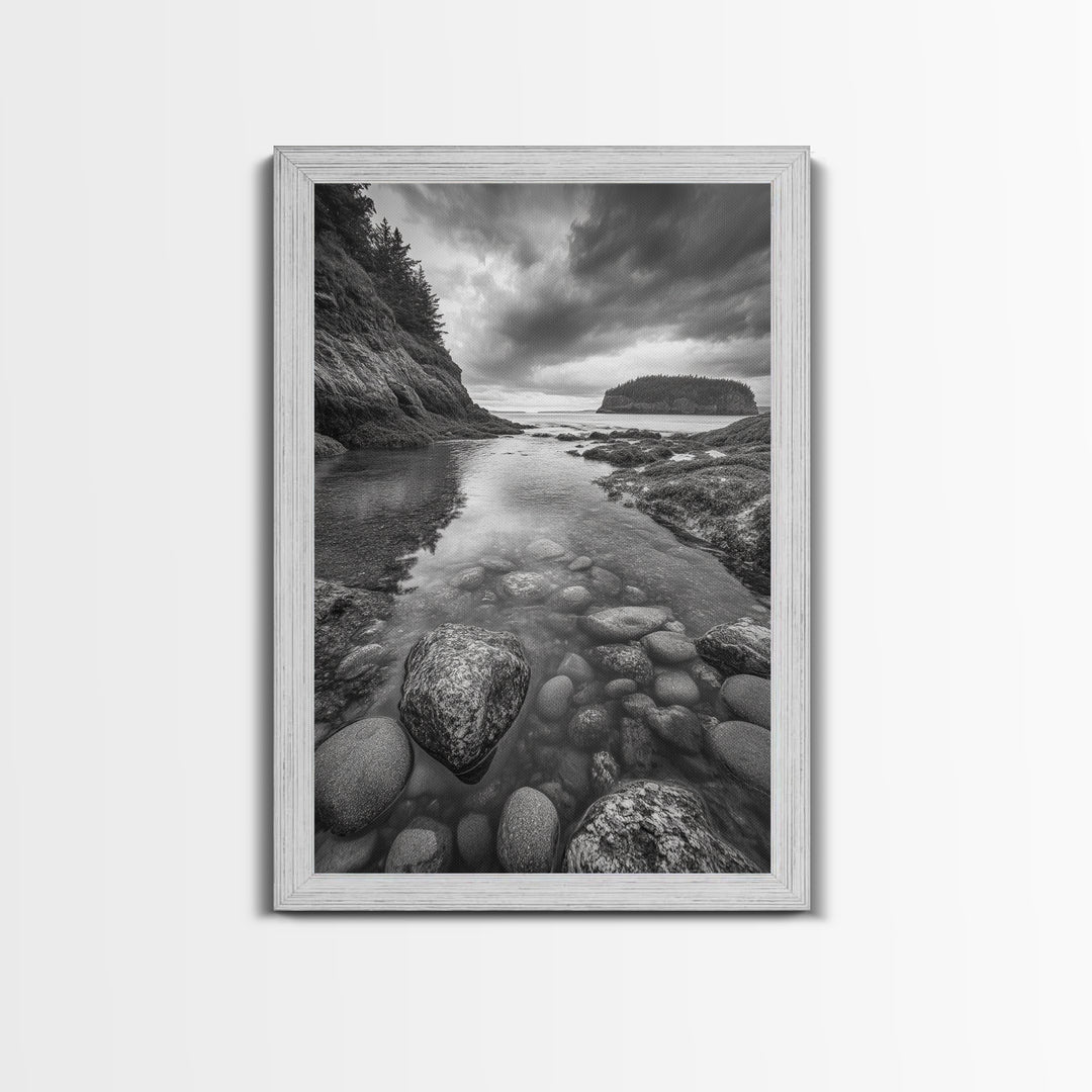 Rocky Shoreline Calm, Pebble Tidepool, Ocean Cliffs, Nature Escape, Canvas Print, Bathroom Wall Art, Black and White Coastal Art