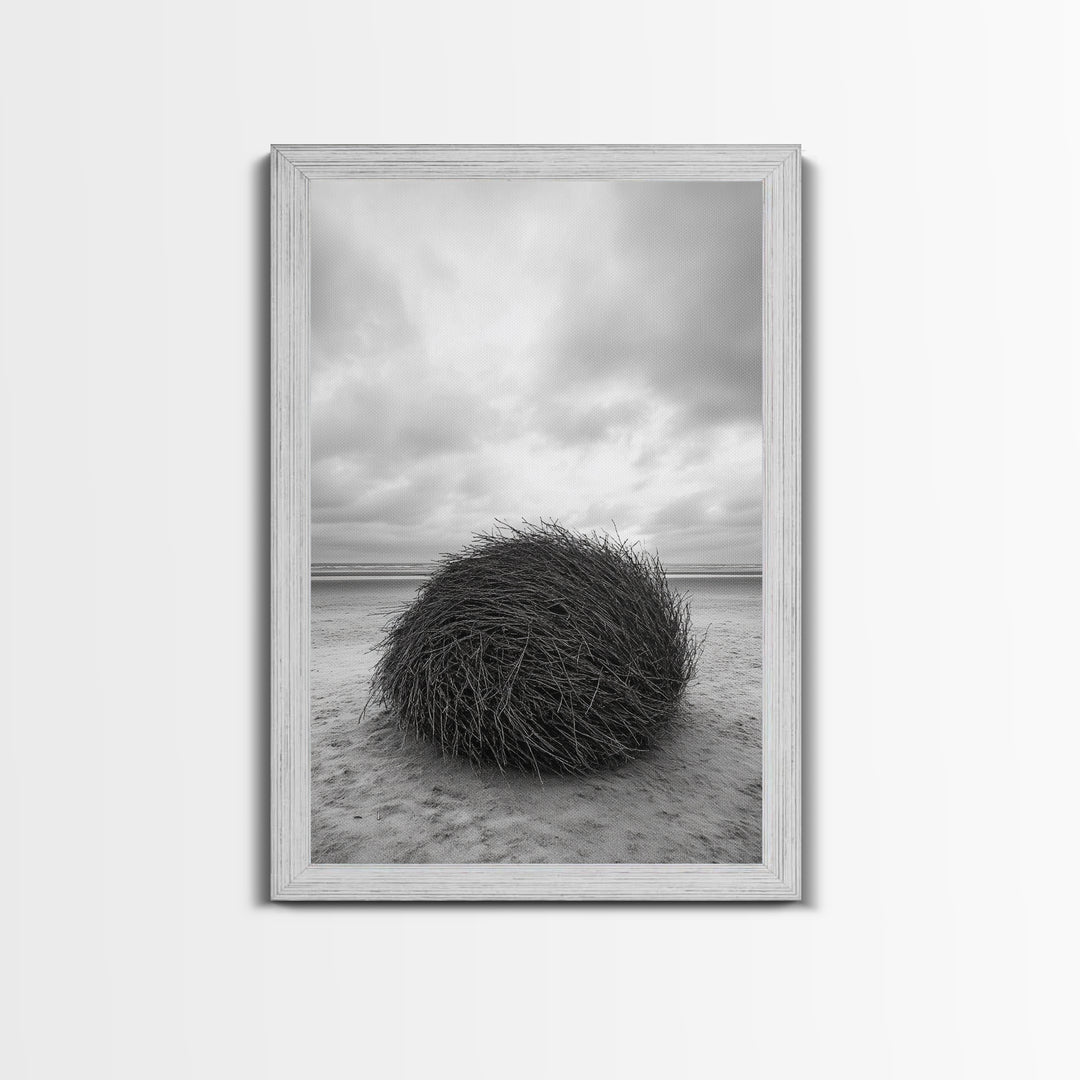 Windswept Beach Nest, Natural Sculpture, Driftwood Ball, Solitude Scene, Canvas Print, Minimalist Wall Art, Neutral Bedroom Decor