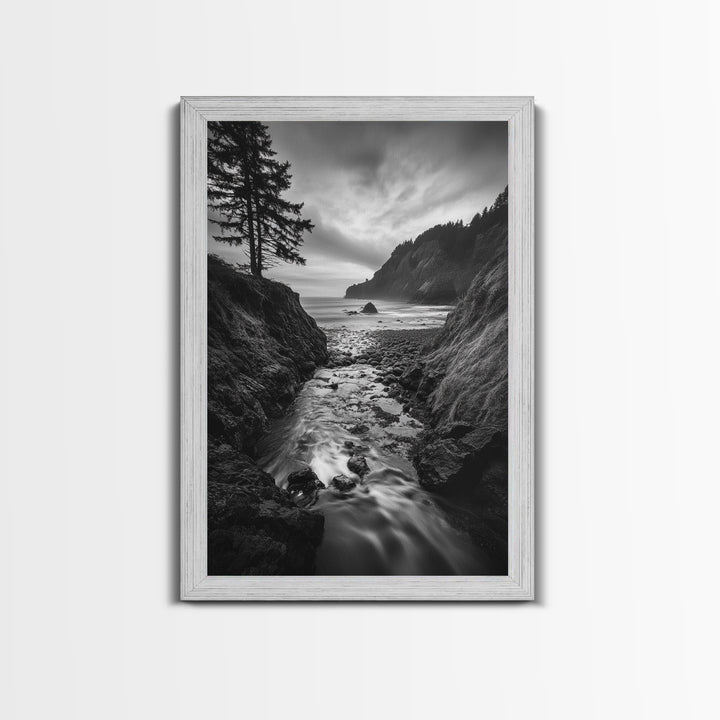 River Meets Sea, Forest Coast, Rugged Beauty, Sunset Flow, Canvas Print, Nature Wall Art, Moody Living Room Landscape