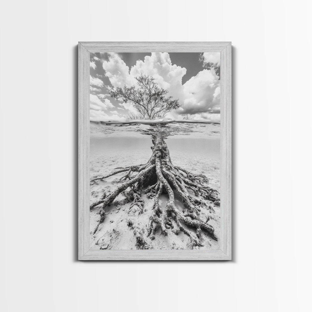Half Underwater Tree, Split View Nature, Aquatic Roots, Stormy Skies, Framed Canvas Print, Coastal Wall Art, Unique Nature Photography