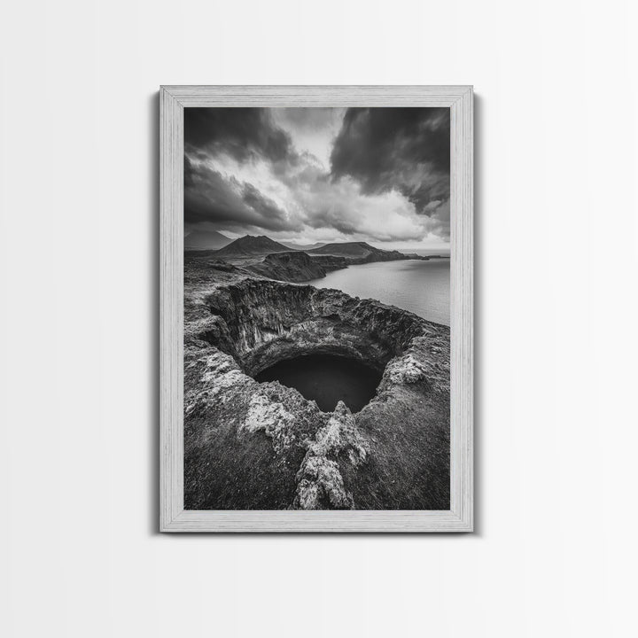 Crater Overlook Coast, Stormy Sky Mountains, Ocean Cliffs, Rugged Wilderness, Canvas Print, Den Wall Art, Moody Black and White Art