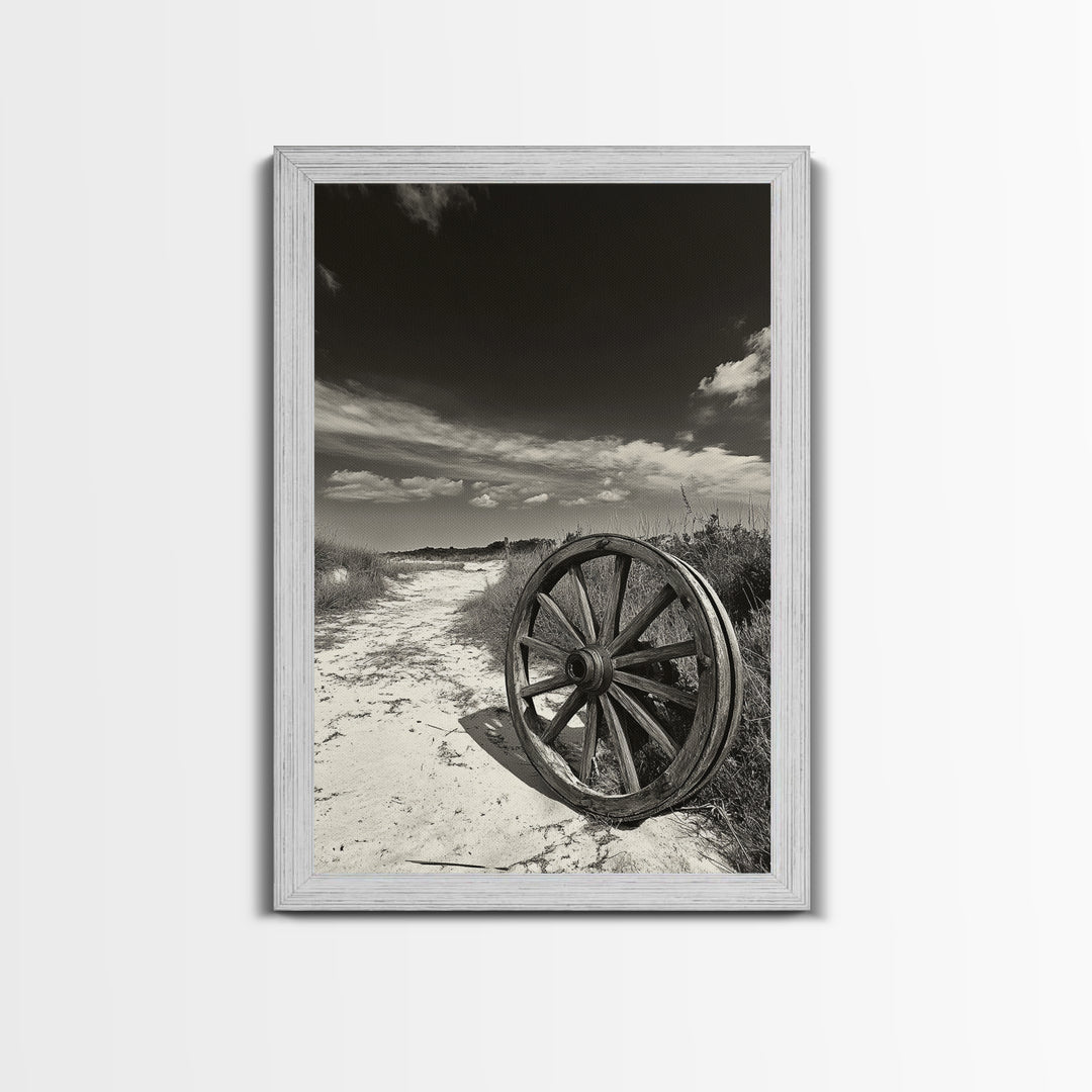Desert Path, Wagon Wheel, Western Minimalism, Canvas Print, Boho Wall Decor, Neutral Tones, Entryway Art, Rustic Country Style