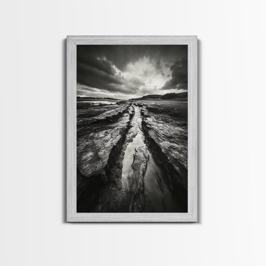 Muddy Terrain, Dramatic Sky, Natural Earth Art, Framed Canvas Print, Fall Decor, Landscape Photography, Moody Living Room Art
