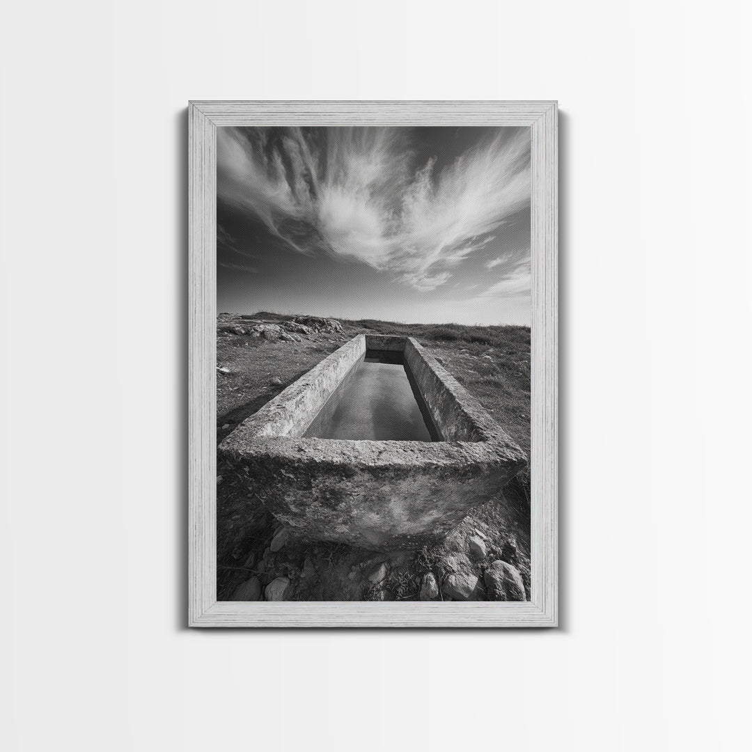 Stone Water Trough, Wild Horizon, Rustic Scene, Framed Canvas Print, Country Farm Decor, Outdoor Living Art, Neutral Wall Accent