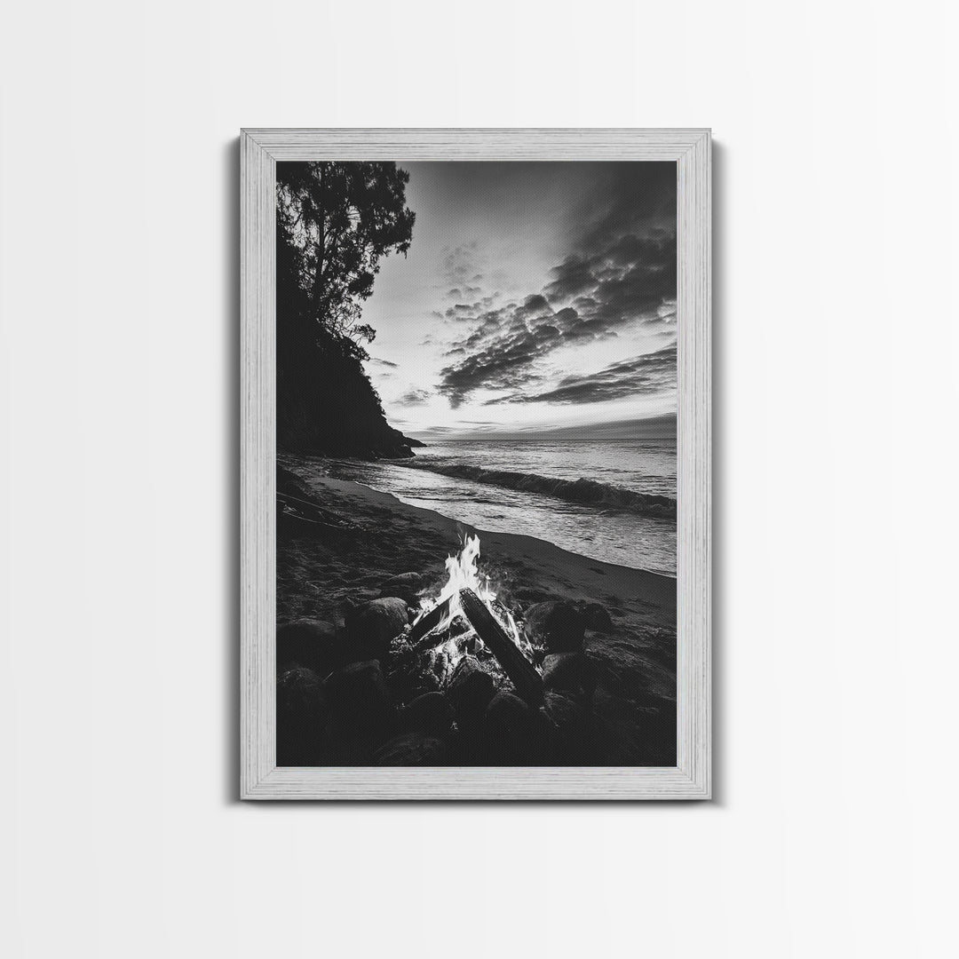 Shoreline fire night, beach flames, evening waves, rustic warmth, Canvas Print, Autumn decor, outdoor adventure minimalist wall art