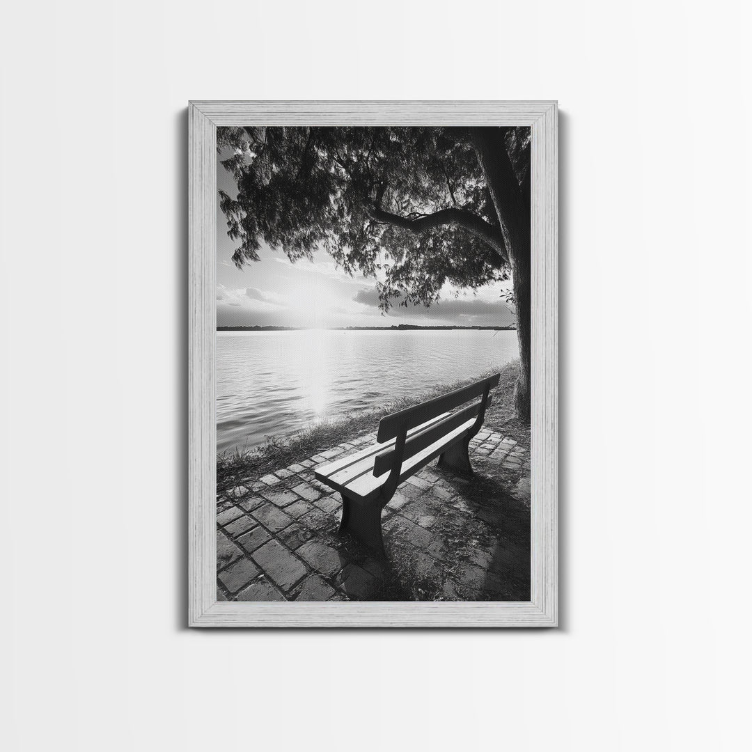 Peaceful Lake Bench, Tranquil Sunrise, Tree Shade View, Nature Serenity, Framed Canvas Print, Minimalist Art, Bedroom Wall Decor