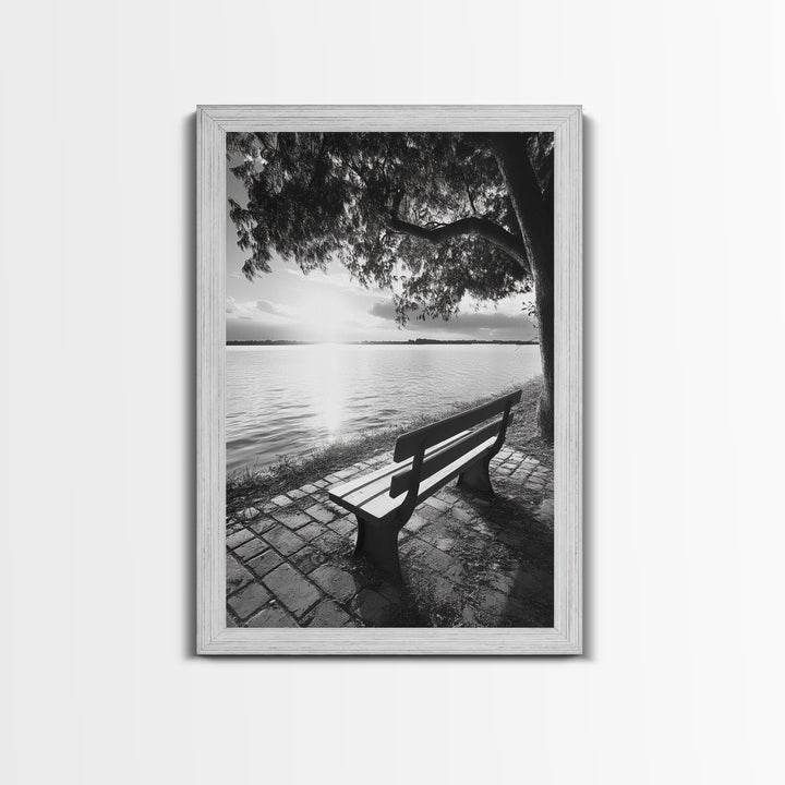 Peaceful Lake Bench, Tranquil Sunrise, Tree Shade View, Nature Serenity, Framed Canvas Print, Minimalist Art, Bedroom Wall Decor