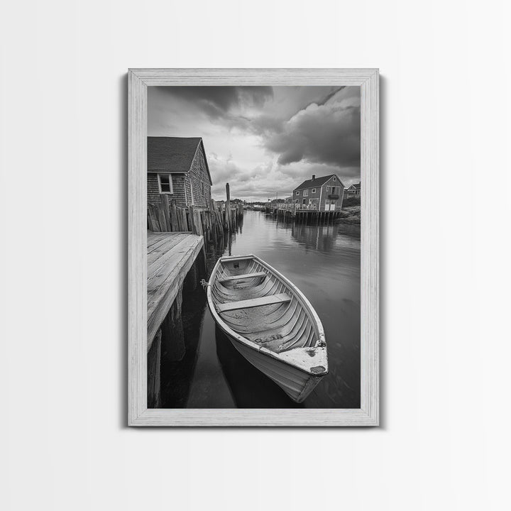 Docked Rowboat Scene, Calm Harbor, Coastal Village, Still Waters, Framed Canvas Print, Seaside Art, Beach House Wall Decor