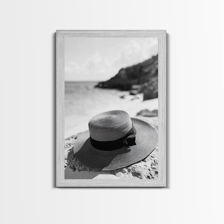 Beach Hat Closeup, Seaside Fashion, Coastal Breeze, Relaxed Mood, Framed Canvas Print, Minimalist Beach Art, Summer Home Decor