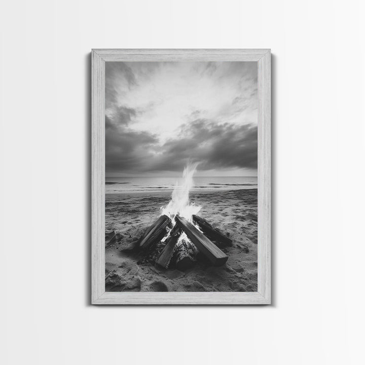 Beach bonfire moment, soft flame serenity, ocean dusk, coastal camp vibes, Framed Canvas Print, Fall decor, hygge inspired wall decor