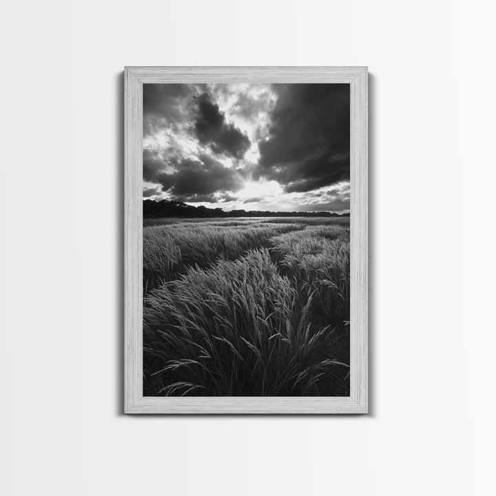Golden Grass Field, Dramatic Sunset, Autumn Skies, Nature Movement, Framed Canvas Print, Fall Landscape Art, Living Room Decor
