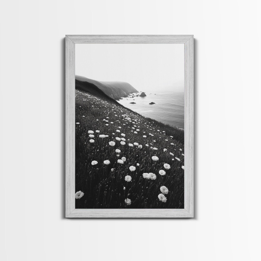 Daisy Cliffside Bloom, Coastal Flowers, Peaceful Nature Scene, Framed Canvas Print, Bedroom Wall Art, Botanical Decor, Minimalist Style