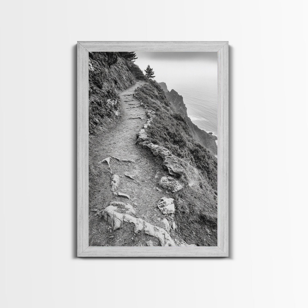Rocky Cliff Trail, Coastal Hiking, Rugged Landscape, Nature Adventure Art, Framed Canvas Print, Cabin Wall Decor, Black and White Aesthetic