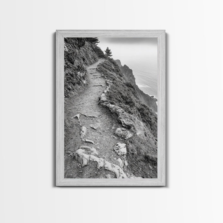 Rocky Cliff Trail, Coastal Hiking, Rugged Landscape, Nature Adventure Art, Framed Canvas Print, Cabin Wall Decor, Black and White Aesthetic