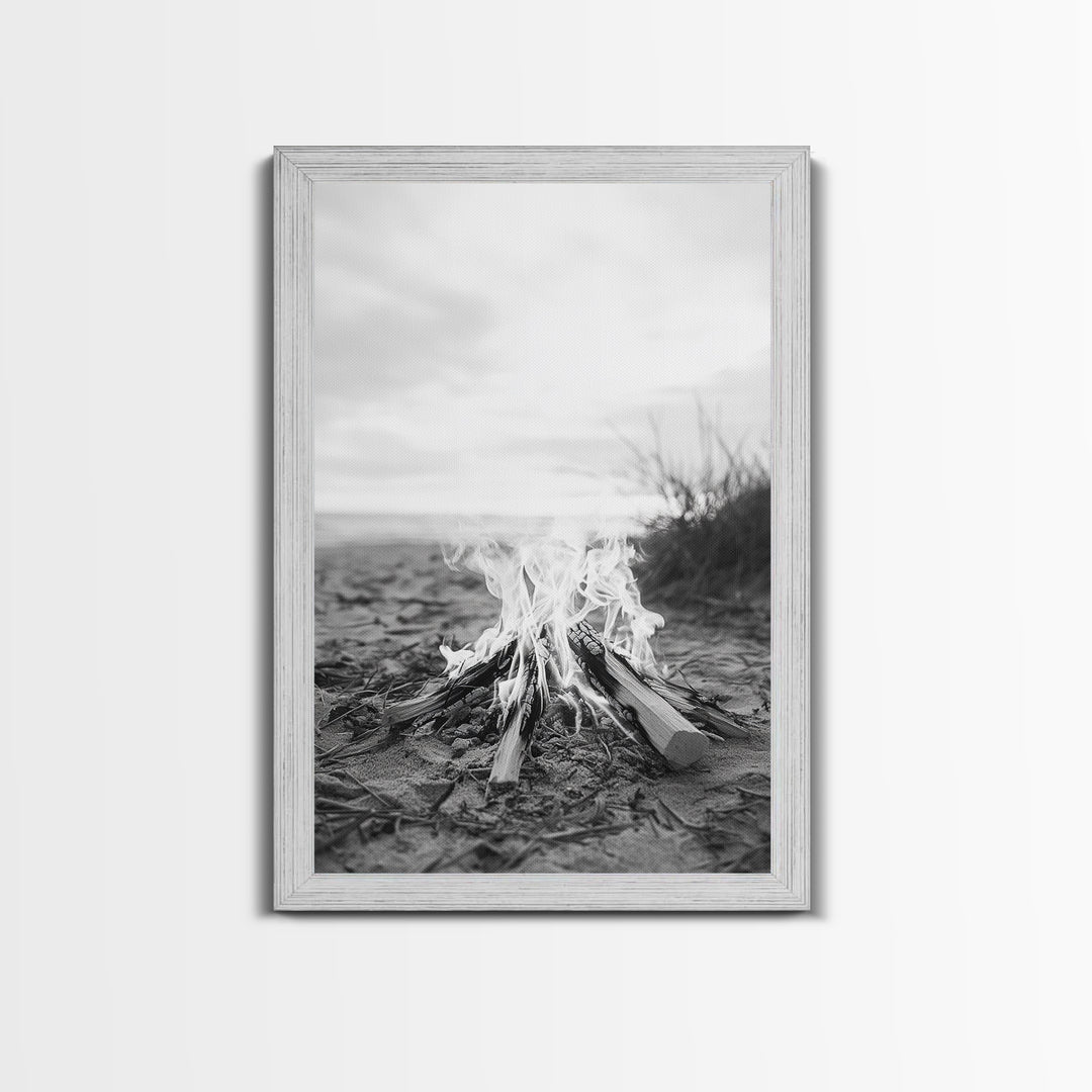 Campfire, Beach, Smoke, Glow - Cozy outdoor scene with flickering flame, Canvas Print, perfect rustic cabin or camping decor, Autumn Wall Art