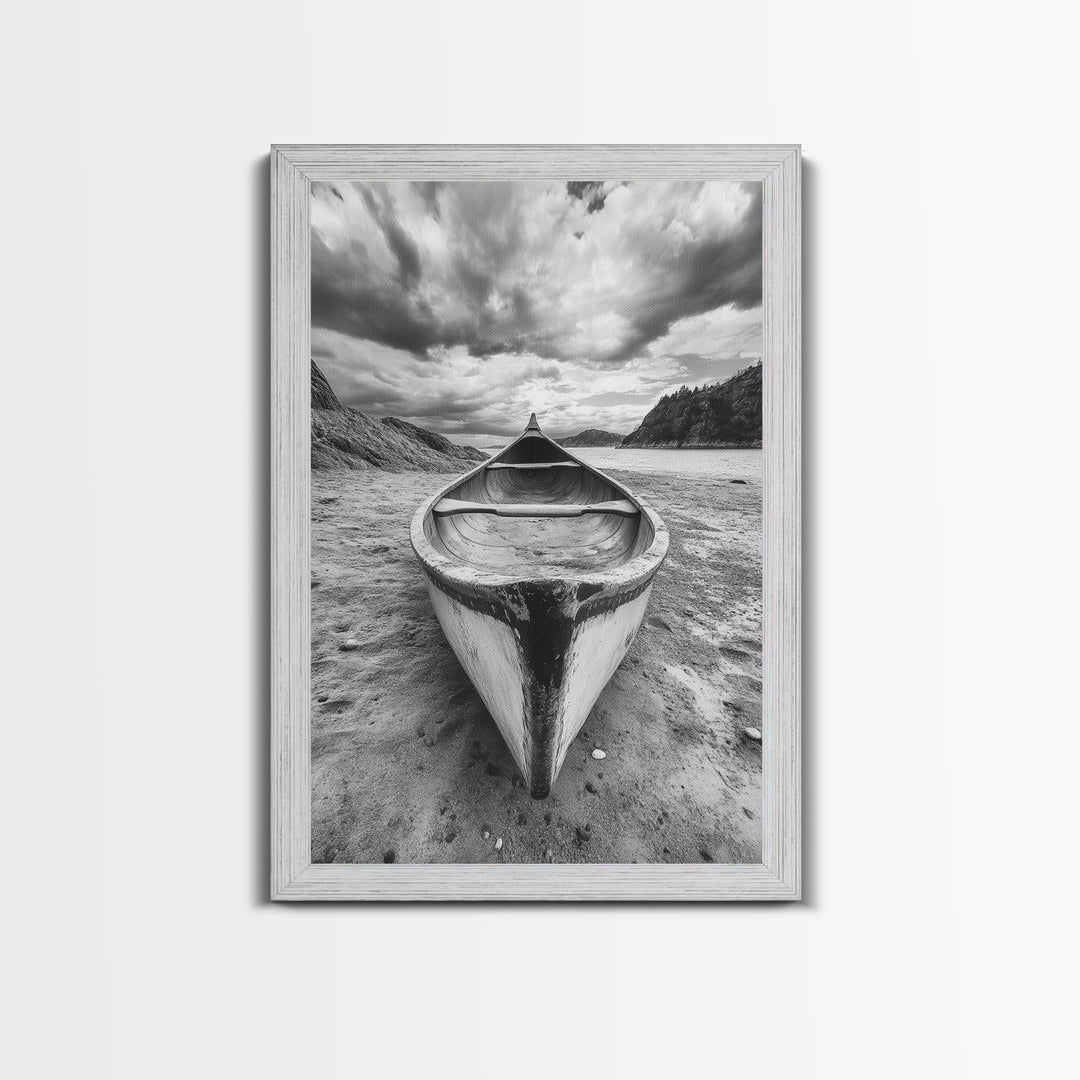 Canoe, Shoreline, Dramatic, Sky - canoe landscape Canvas Print, rustic wall art, entryway decor, nature photography, monochrome mountain