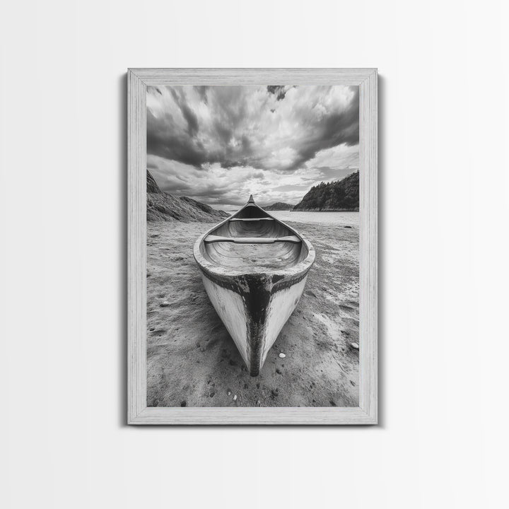 Canoe, Shoreline, Dramatic, Sky - canoe landscape Canvas Print, rustic wall art, entryway decor, nature photography, monochrome mountain