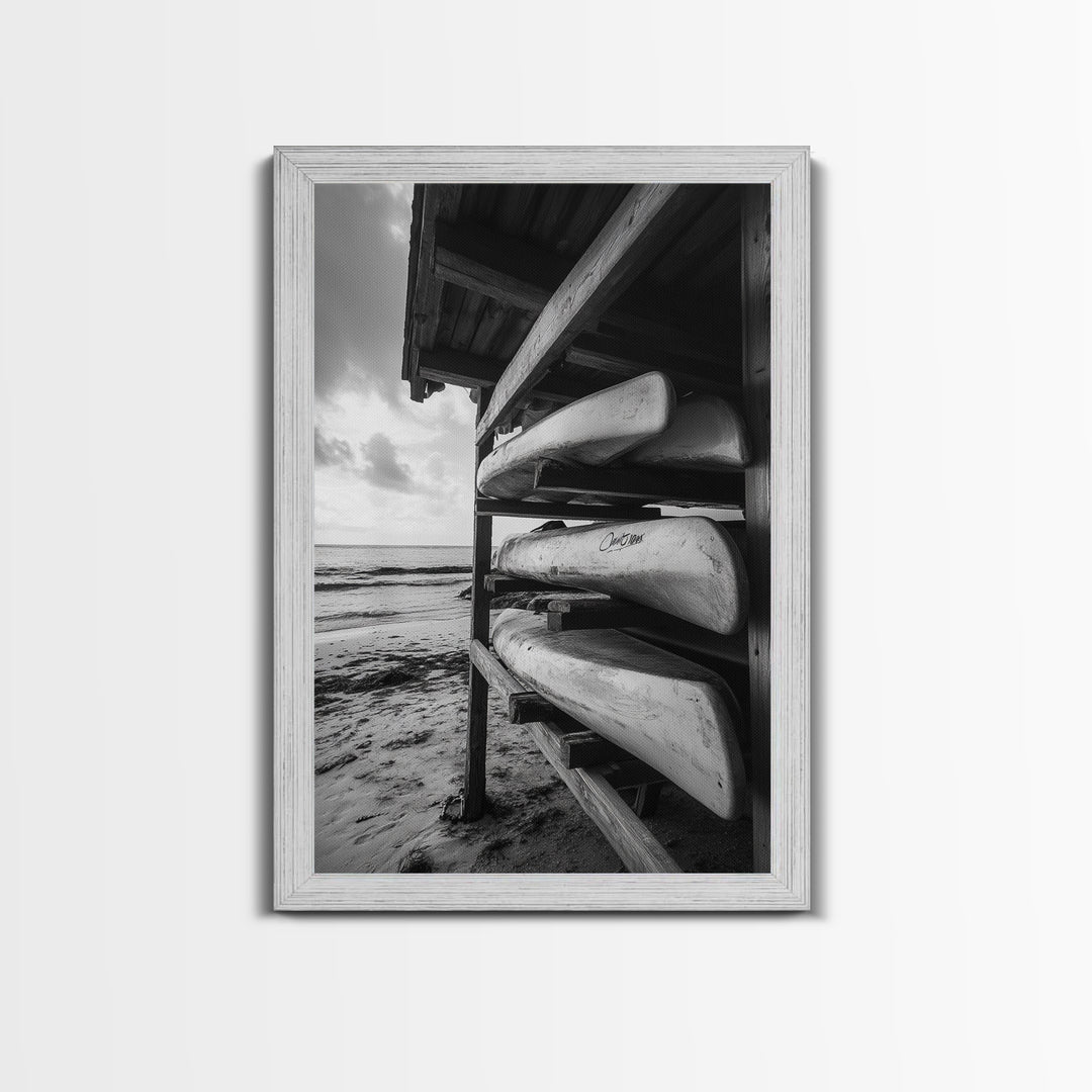Canoes, Rack, Ocean, Shelter - Surf shack vibes with coastal canoe stack, Framed Canvas Print, great beach house or boho hallway art, grayscale