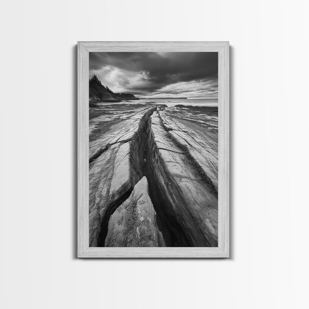 Coastal Rock Divide, Nature Pathway, Moody Beach Print, Living Room Decor, Framed Canvas Print, Minimalist Earthy Wall Art, Den Decor