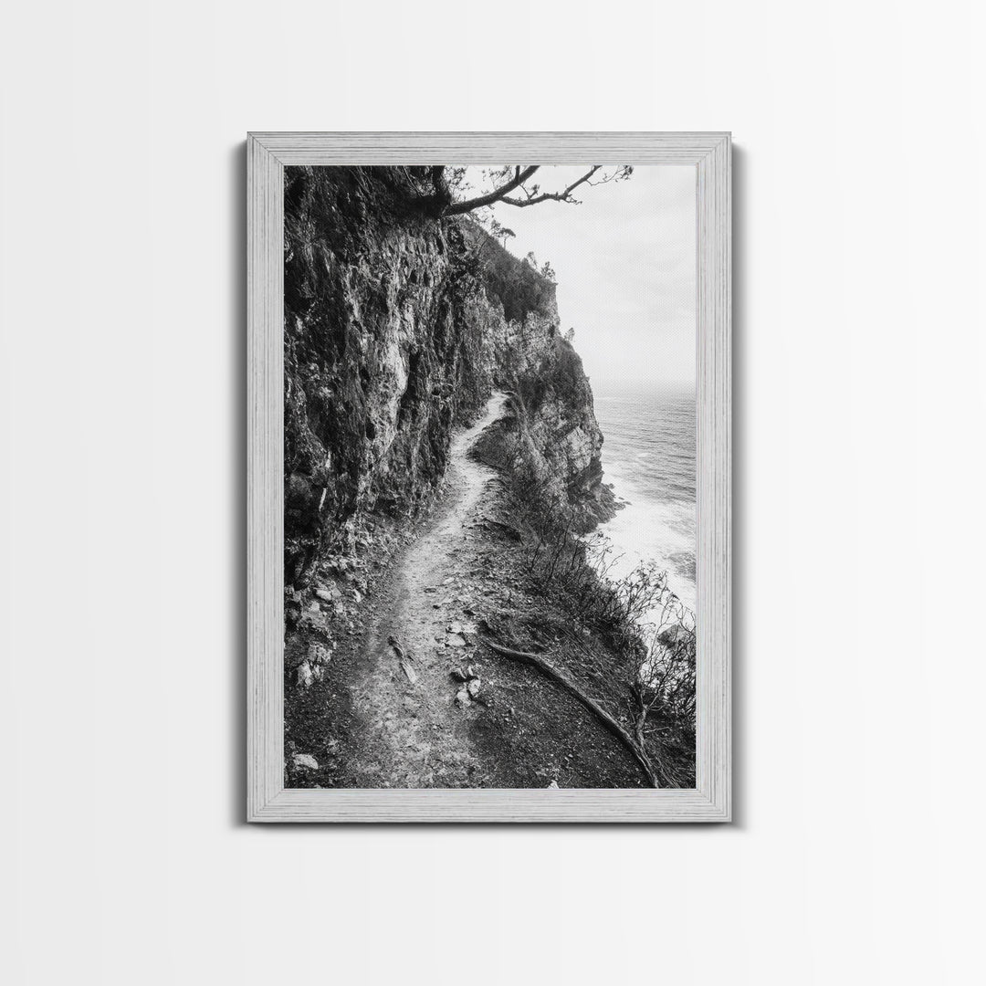 Cliffside Trail, Seaside Path, Coastal Adventure, Outdoor Photography, Framed Canvas Print, Cabin Nature Lover Wall Art, Bedroom Wall Art