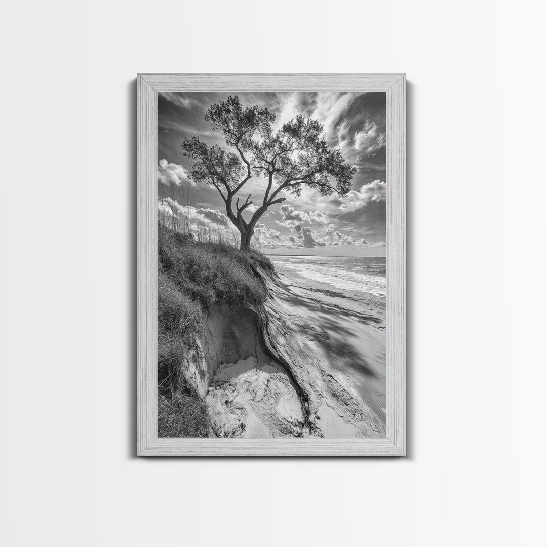 Coastal Tree Scene, Wind Swept Dune, Ocean Beach Horizon, Autumn Coastal Wall Art, Framed Canvas Print, Nature Lover Home Decor