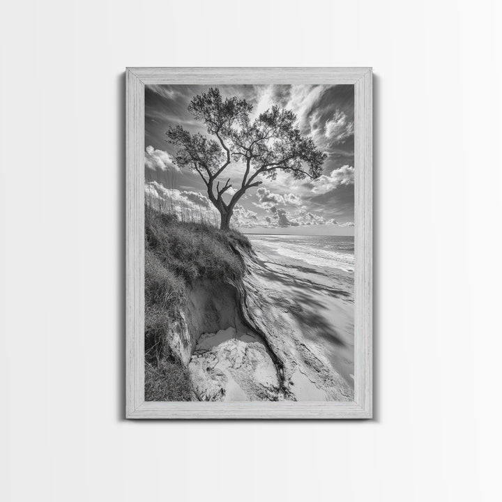 Coastal Tree Scene, Wind Swept Dune, Ocean Beach Horizon, Autumn Coastal Wall Art, Framed Canvas Print, Nature Lover Home Decor