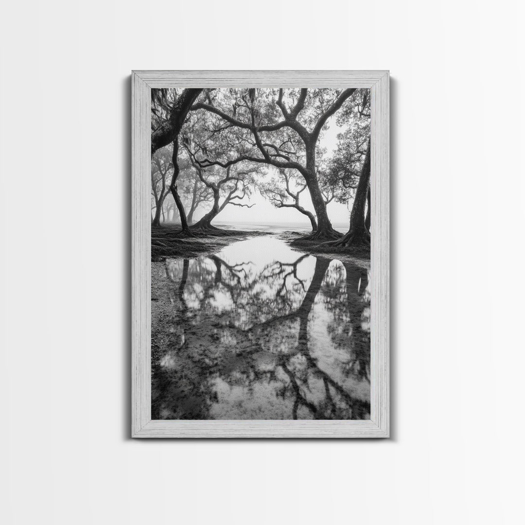 Misty Forest Trees, Reflection Photography, Nature Landscape, Canvas Print, Neutral Tones, Bedroom Wall Decor, Moody Autumn Forest Art