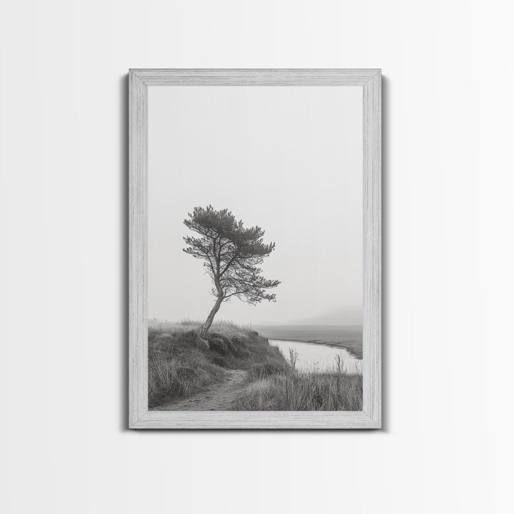 Leaning Tree Path, Soft Fog Scene, Calm Landscape, Canvas Print, Serene Entryway Wall Art, Nature Photography, Minimalist Decor