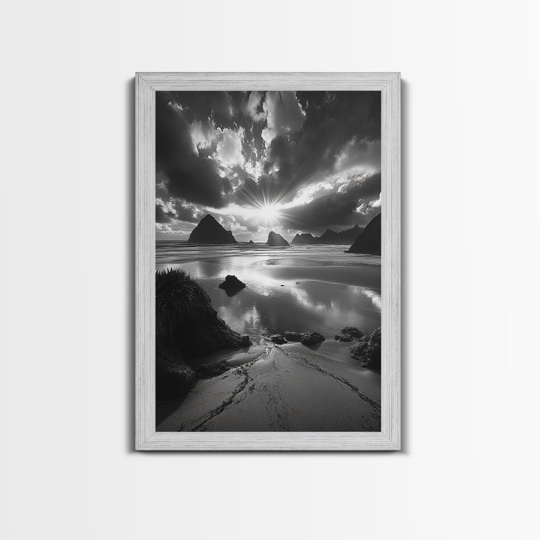 Dramatic Ocean Sunset, Coastal Mountains, Seascape Photography, Canvas Print, Stormy Sky Art, Living Room Focal Wall Decor
