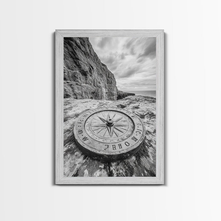 Compass On Cliff, Adventure Travel Art, Nautical Wall Decor, Framed Canvas Print, Rustic Office Art, Nature Explorer Gift Idea