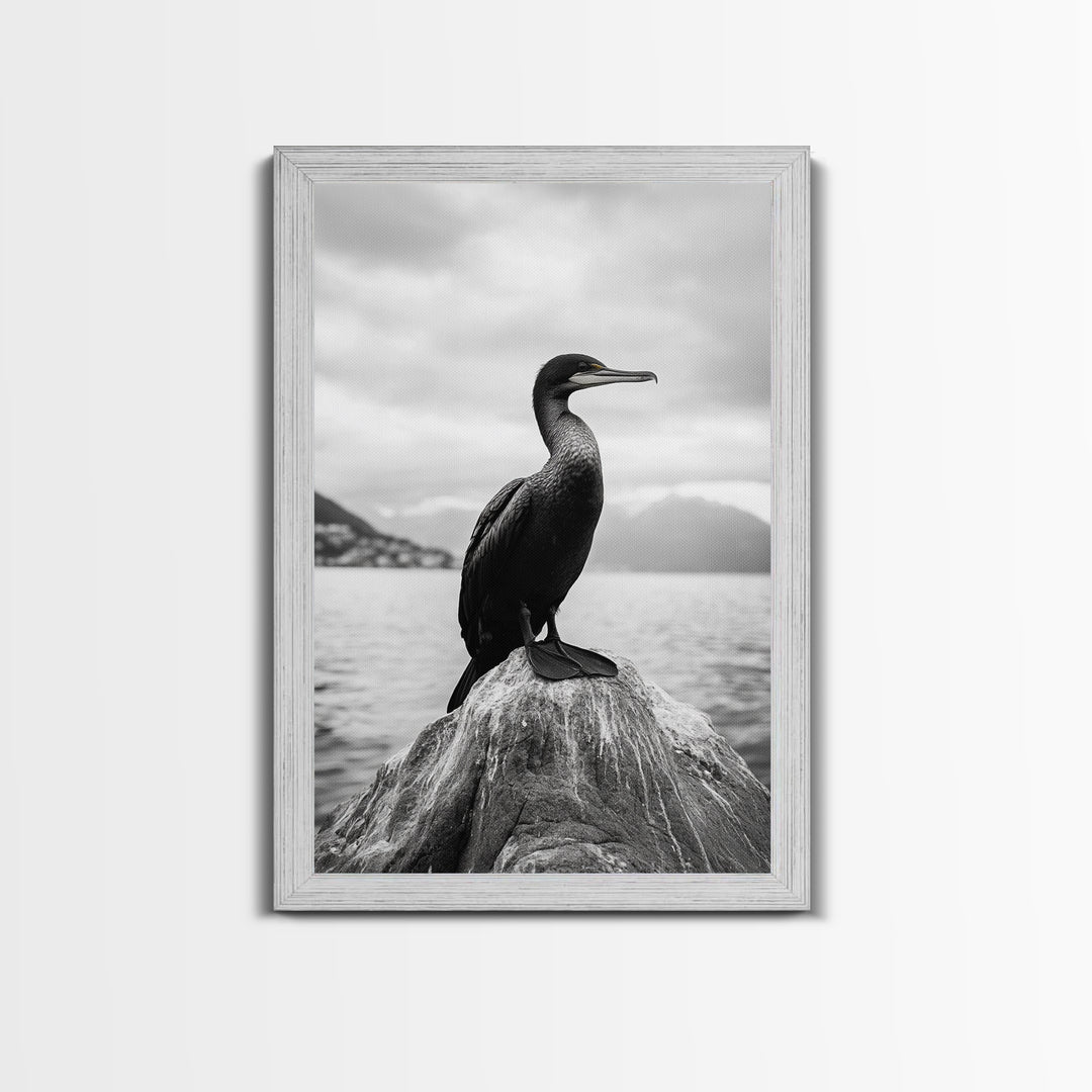 Coastal Bird Portrait, Nature Minimalism, Lake Decor, Monochrome Wildlife, Framed Canvas Print, Bedroom Wall Art, Bird Photography Print