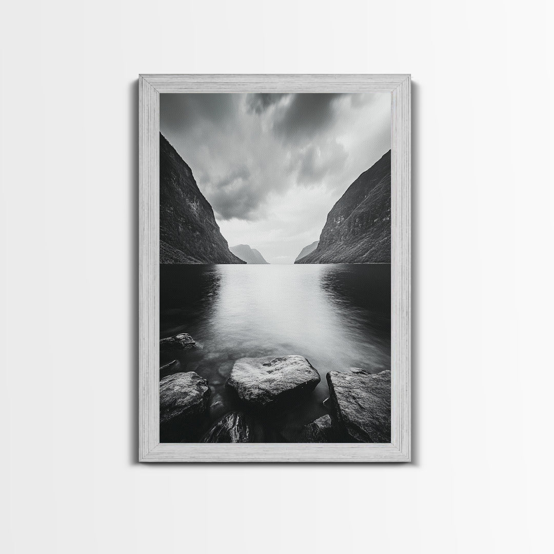 Mountain Lake, Nordic Fjord, Moody Water, Framed Canvas Print, Minimalist Wall Art, Serene Living Room Decor, Monochrome Nature Scene