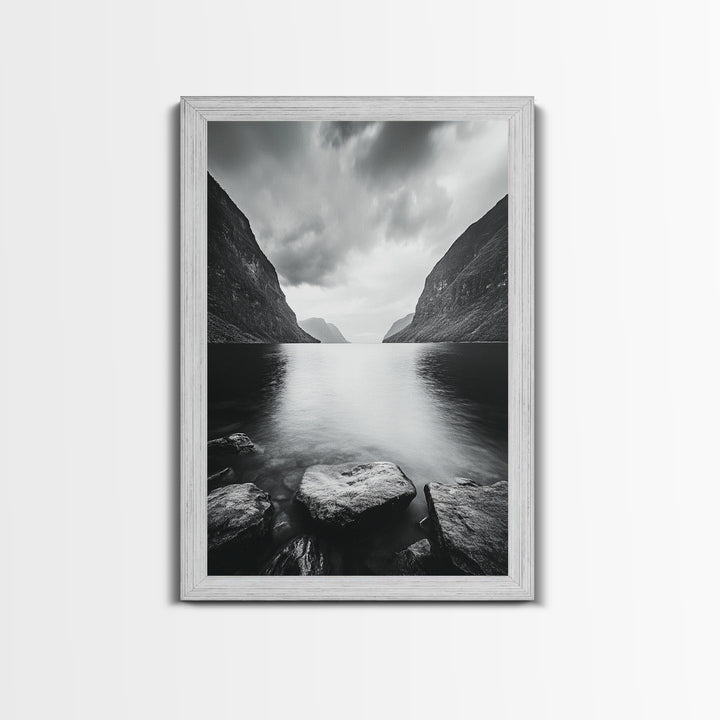 Mountain Lake, Nordic Fjord, Moody Water, Framed Canvas Print, Minimalist Wall Art, Serene Living Room Decor, Monochrome Nature Scene