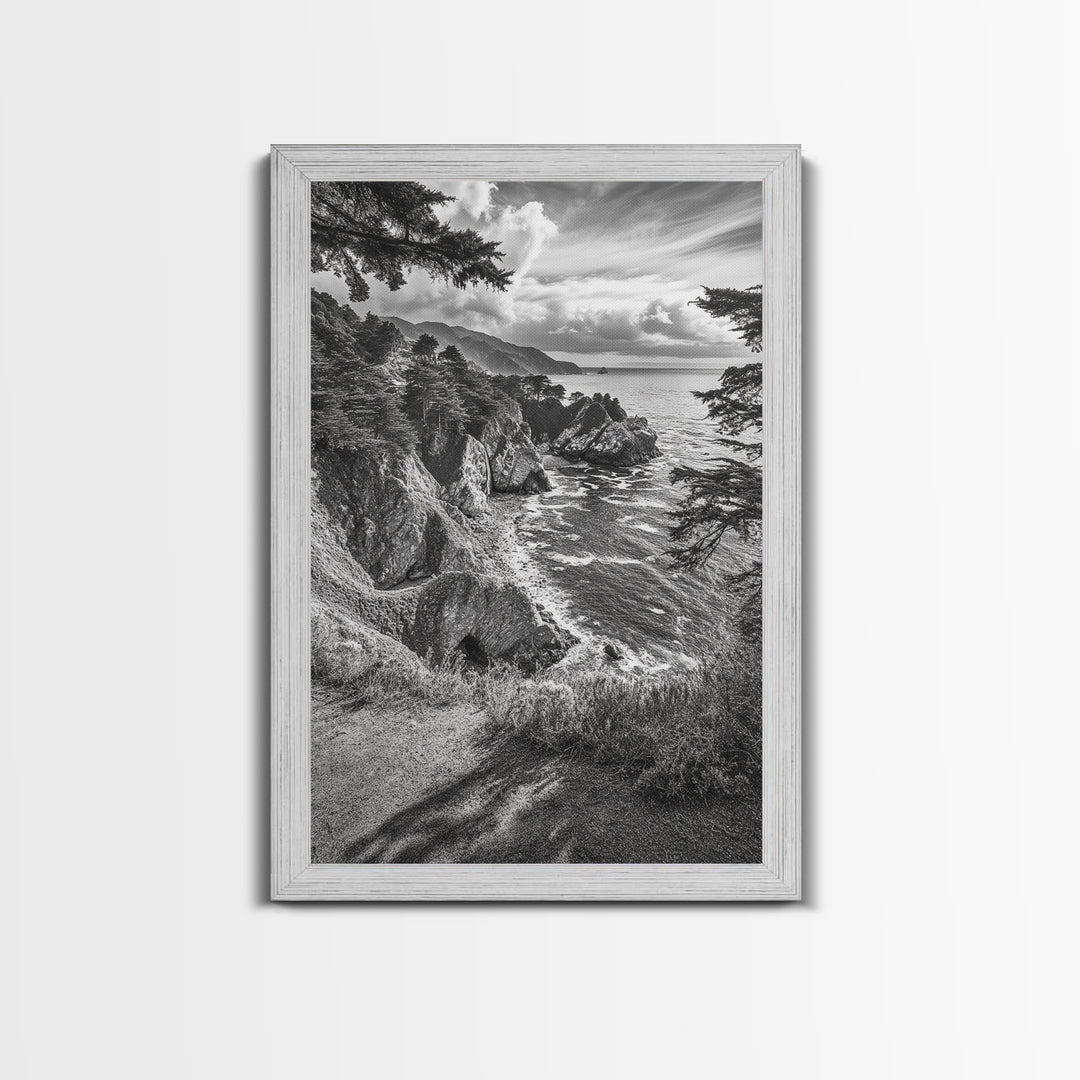 Coastal Cliff, Ocean View, Rocky Shoreline, Framed Canvas Print, Black and White Art, Coastal Living Wall Decor, Nature Landscape Art
