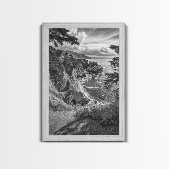 Coastal Cliff, Ocean View, Rocky Shoreline, Framed Canvas Print, Black and White Art, Coastal Living Wall Decor, Nature Landscape Art
