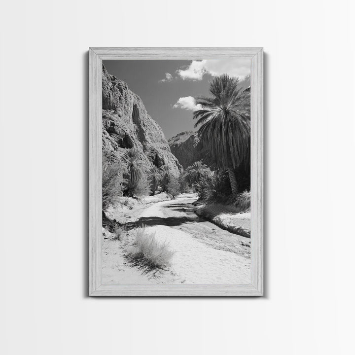 Desert Oasis, Palm Trees, Canyon Trail, Framed Canvas Print, Nature Photography Art, Warm Boho Wall Decor, Rustic Entryway Accent