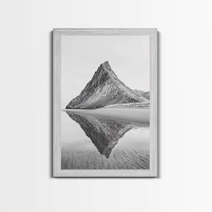 Mountain Mirror, Coastal Peak, Serene Beach, Canvas Print, Minimalist Landscape Art, Modern Living Room Wall Decor, Monochrome Nature Style